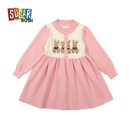 Pink Girls Graphic Printed Mock Neck Cuffed Sleeve Fit & flare Cotton Mini Dress