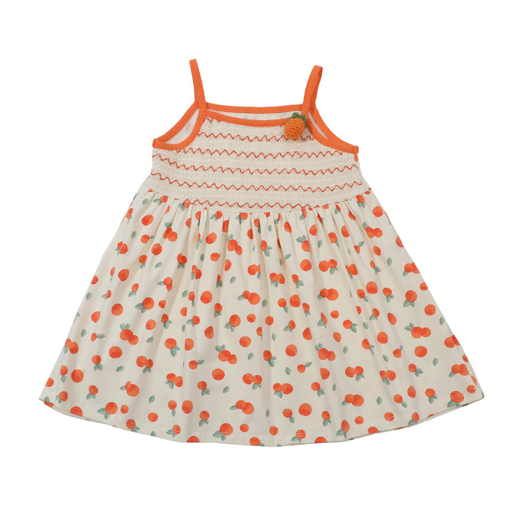 Girls Orange & Off White Conversational Printed A-Line Knee Length Cotton Dress