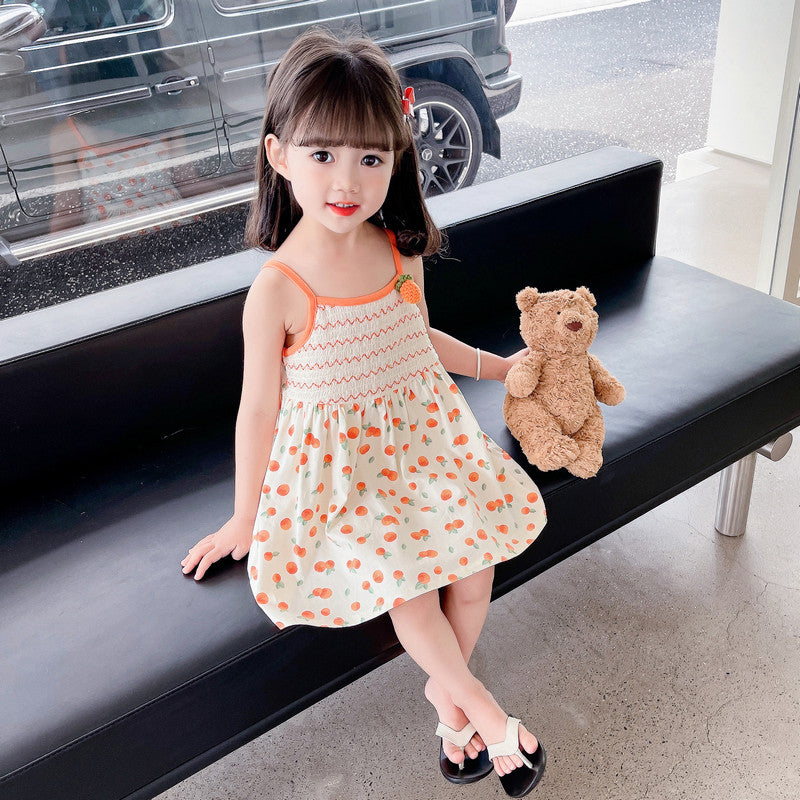 Girls Orange & Off White Conversational Printed A-Line Knee Length Cotton Dress