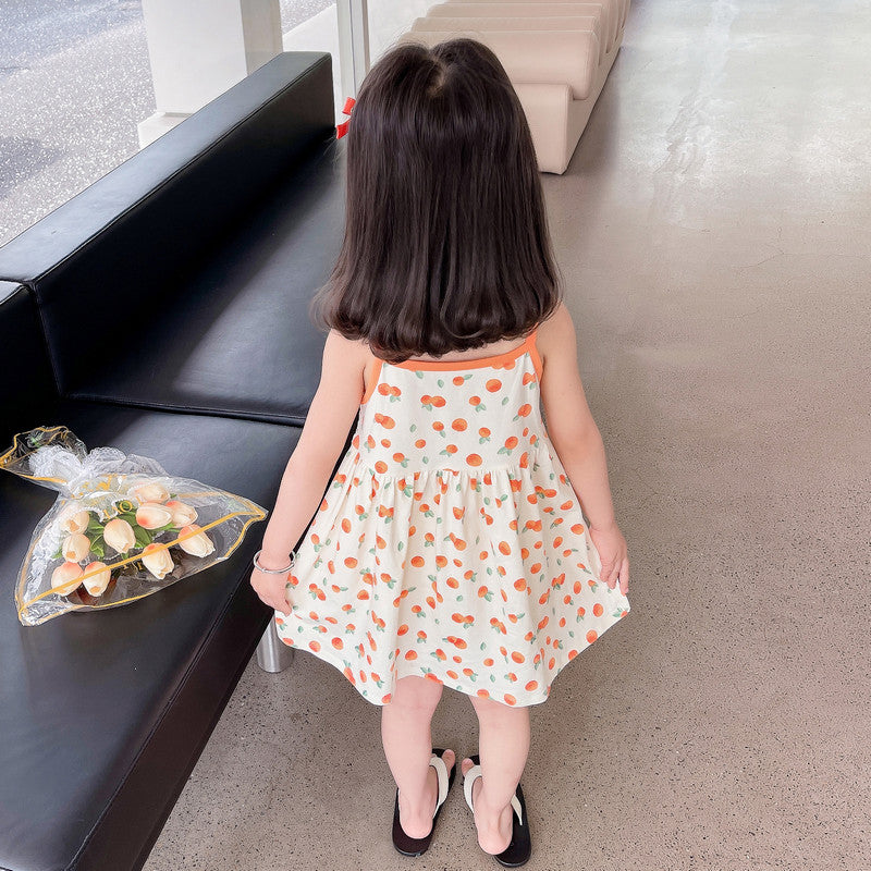 Girls Orange & Off White Conversational Printed A-Line Knee Length Cotton Dress