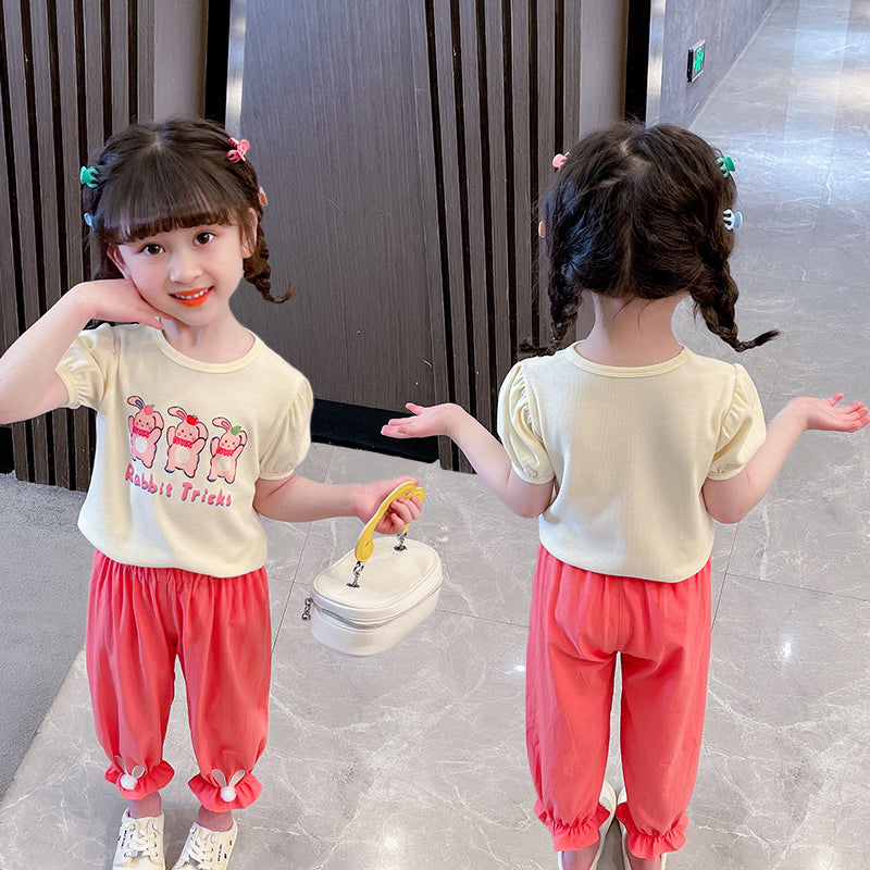 Girls Pink Printed Cotton T-shirt with Pyjamas