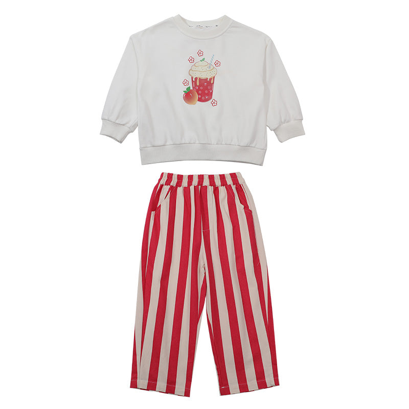 Girls White & Red Printed Top with Pyjamas