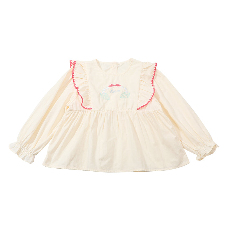 Girls Floral Embroidered Long Sleeves Ruffles Peplum Top