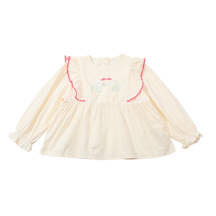 Girls Floral Embroidered Long Sleeves Ruffles Peplum Top