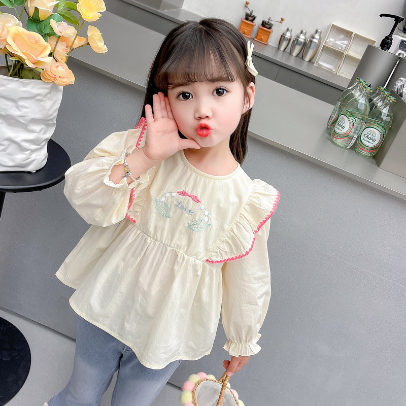 Girls Floral Embroidered Long Sleeves Ruffles Peplum Top