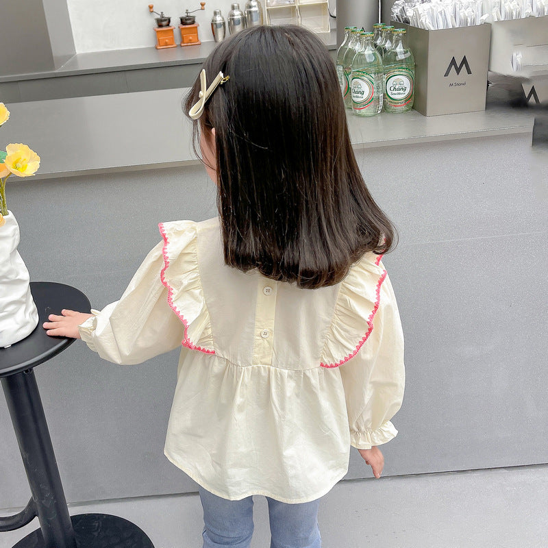 Girls Floral Embroidered Long Sleeves Ruffles Peplum Top