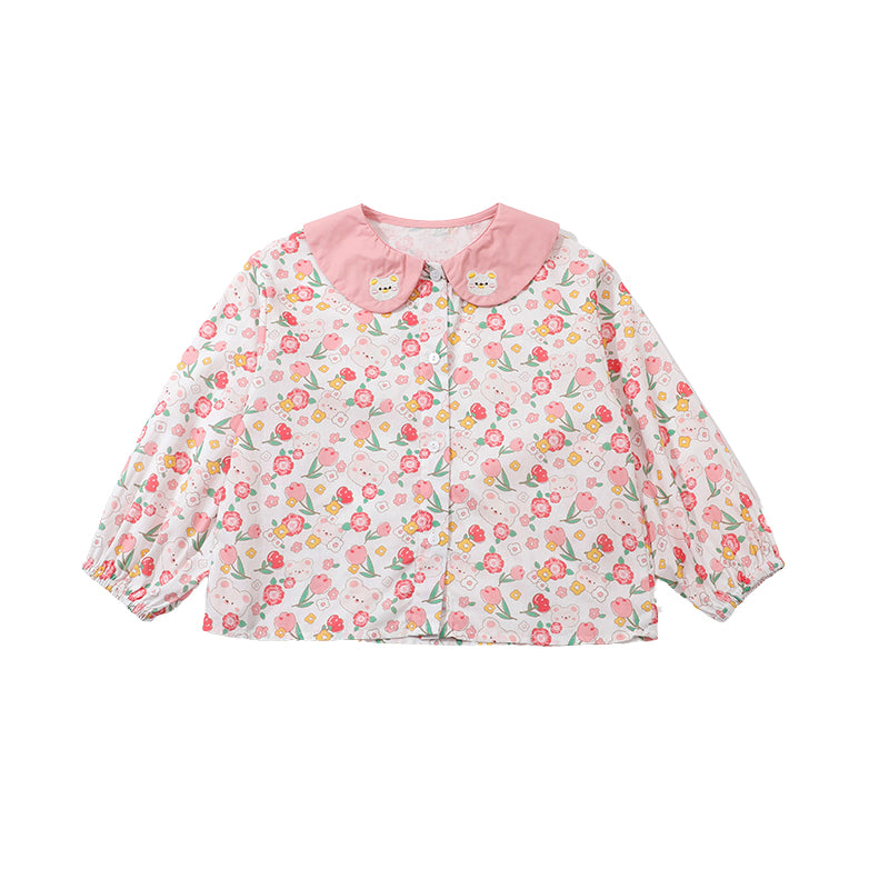 Girls Pink Peter Pan Collar Floral Printed Casual Shirt