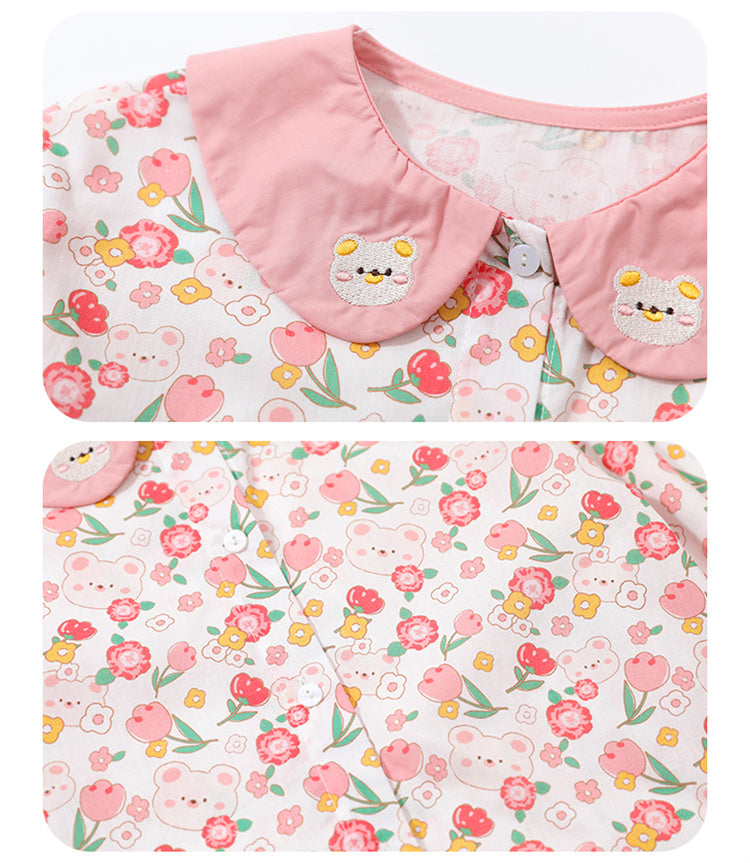 Girls Pink Peter Pan Collar Floral Printed Casual Shirt