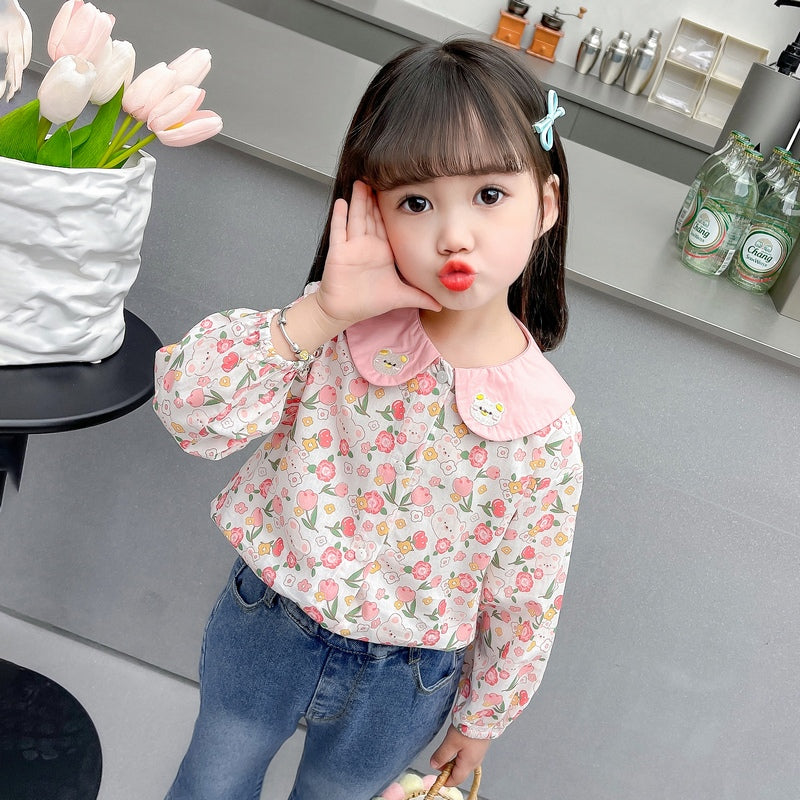 Girls Pink Peter Pan Collar Floral Printed Casual Shirt