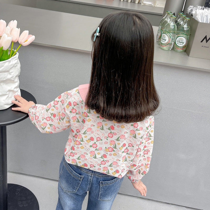 Girls Pink Peter Pan Collar Floral Printed Casual Shirt