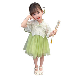 Girls Green & White Floral Applique Fit & Flare Dress