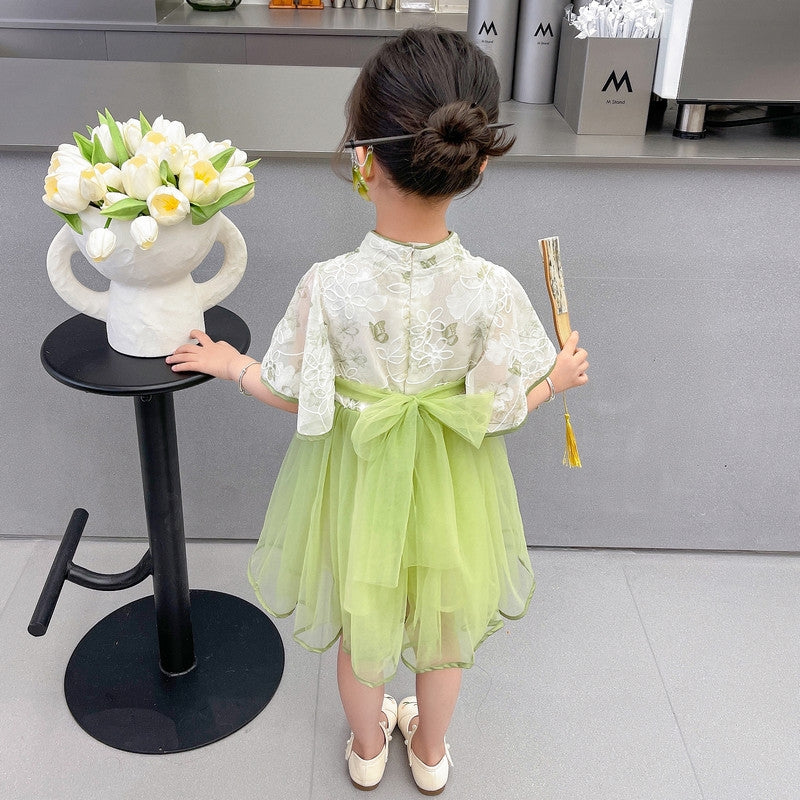 Girls Green & White Floral Applique Fit & Flare Dress