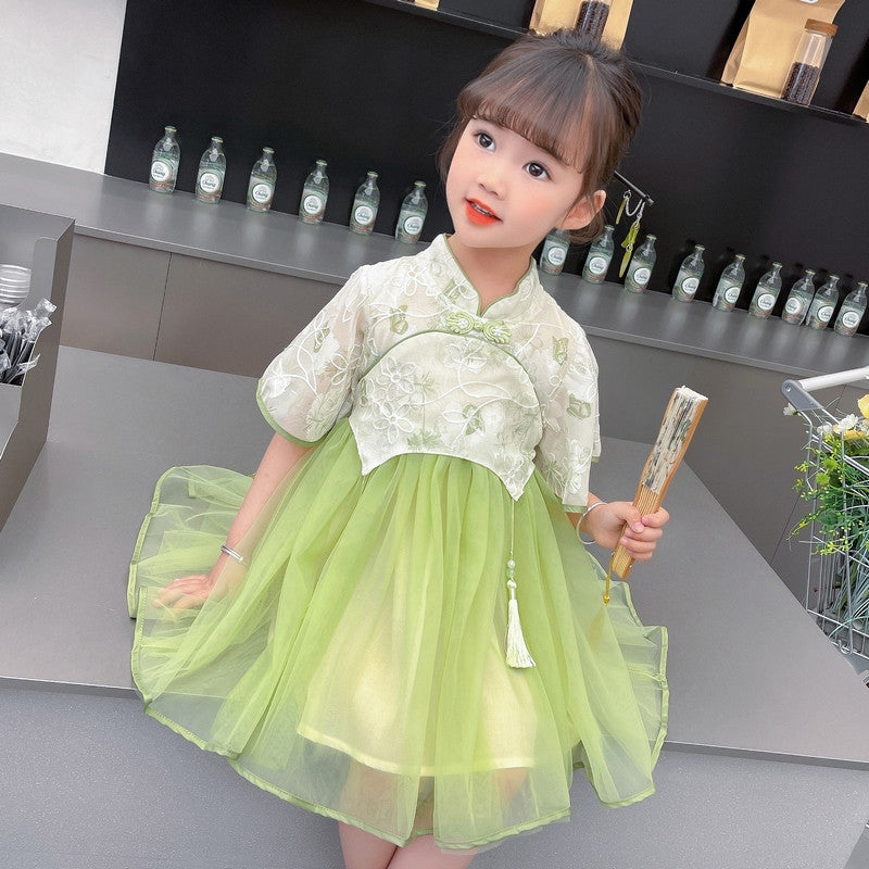 Girls Green & White Floral Applique Fit & Flare Dress