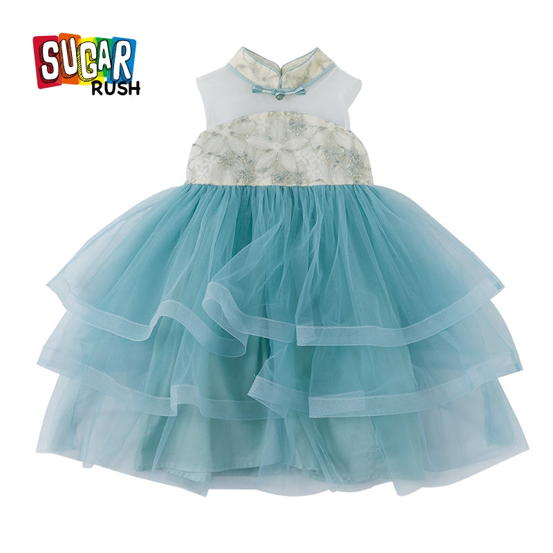 Girls Blue Mandarin Collar Layered Fit & Flare Maxi Dress