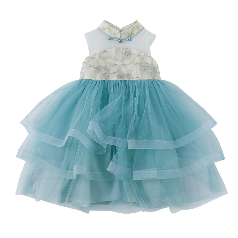 Girls Blue Mandarin Collar Layered Fit & Flare Maxi Dress