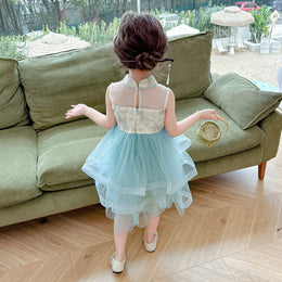 Girls Blue Mandarin Collar Layered Fit & Flare Maxi Dress