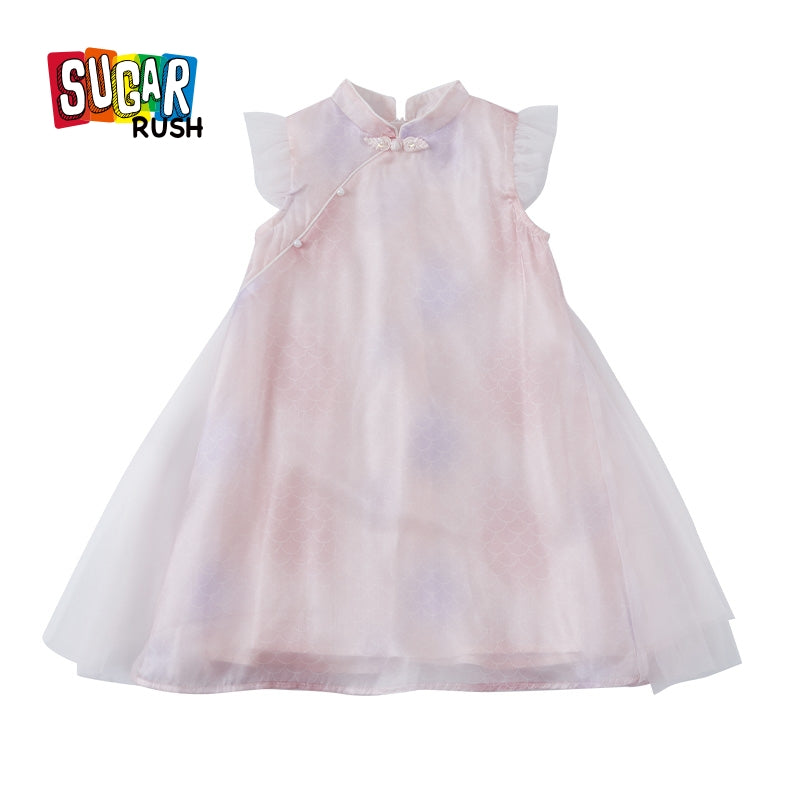 Girls Pink Mandarin Collar A-Line Dress