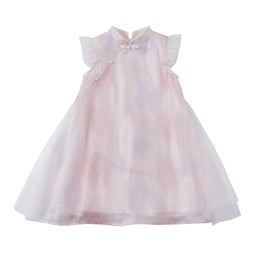 Girls Pink Mandarin Collar A-Line Dress