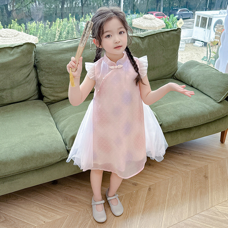 Girls Pink Mandarin Collar A-Line Dress