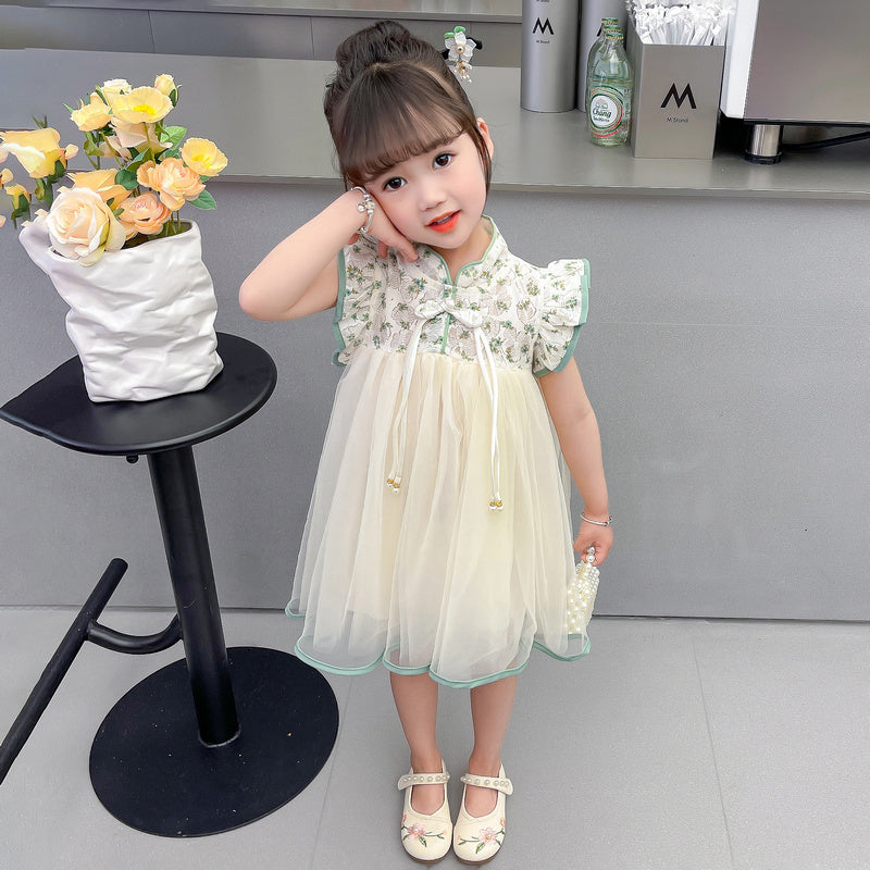 Cream Coloured & Green Floral Printed Bow Detailed Fit & Flare Dress