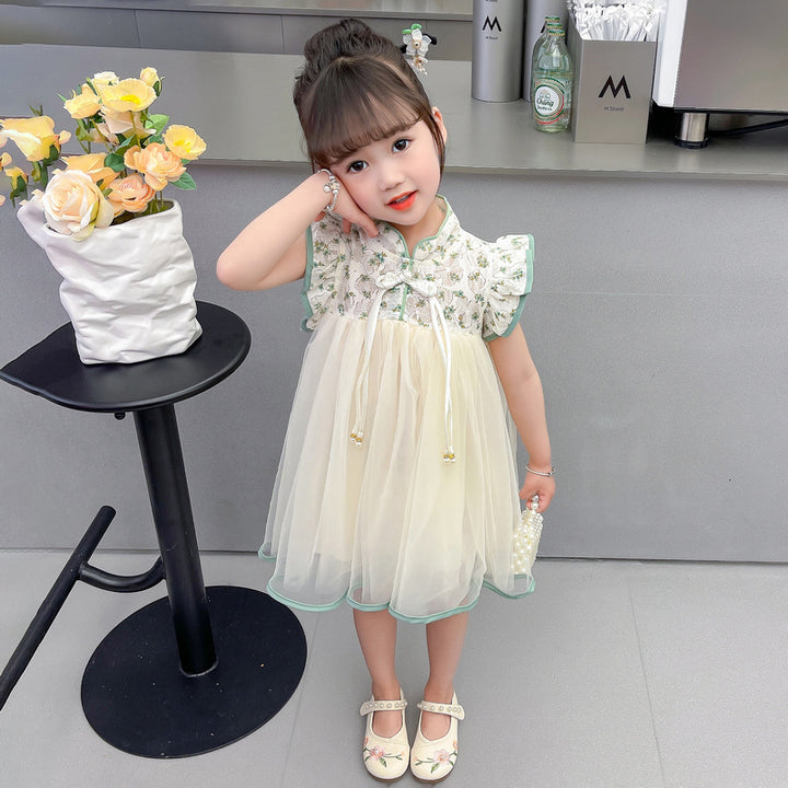 Cream Coloured & Green Floral Printed Bow Detailed Fit & Flare Dress