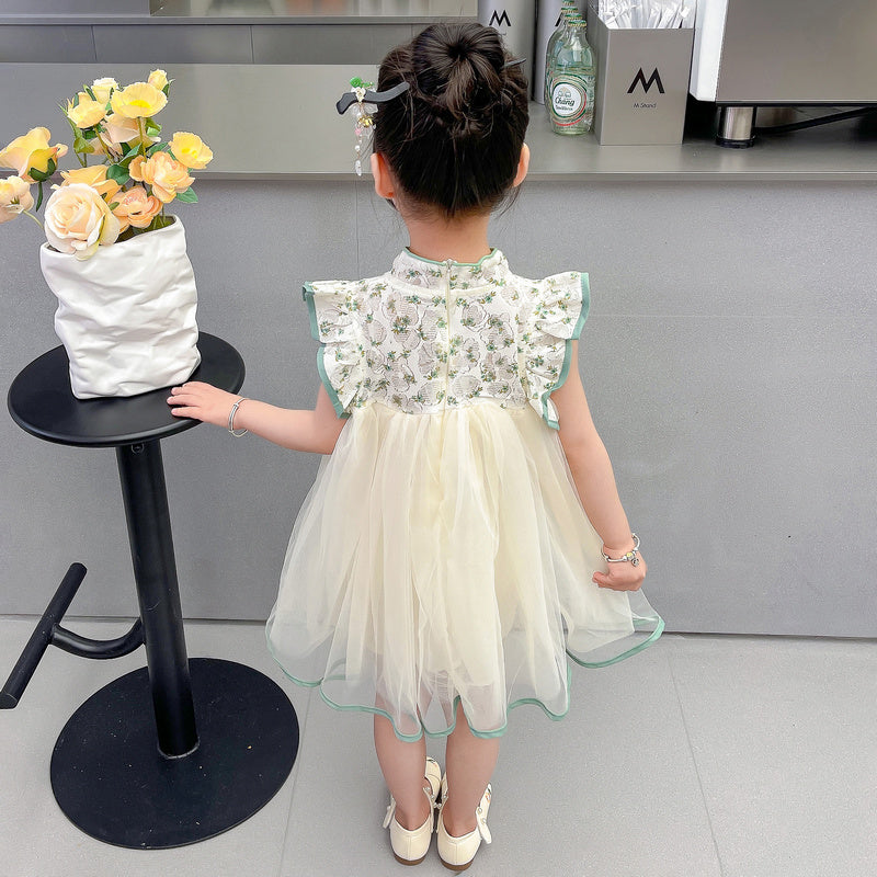 Cream Coloured & Green Floral Printed Bow Detailed Fit & Flare Dress