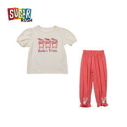 Girls Pink & Green Round Neck Printed Top with Pyjamas