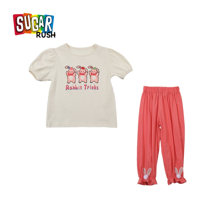 Girls Pink & Green Round Neck Printed Top with Pyjamas