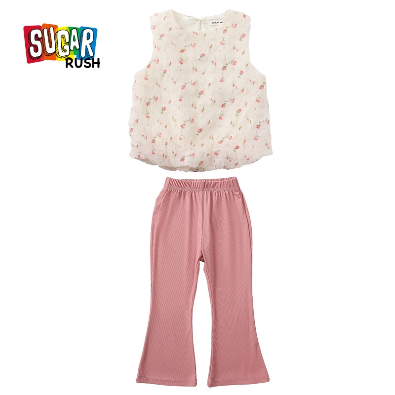Girls Pink & White Printed Top with Palazzos