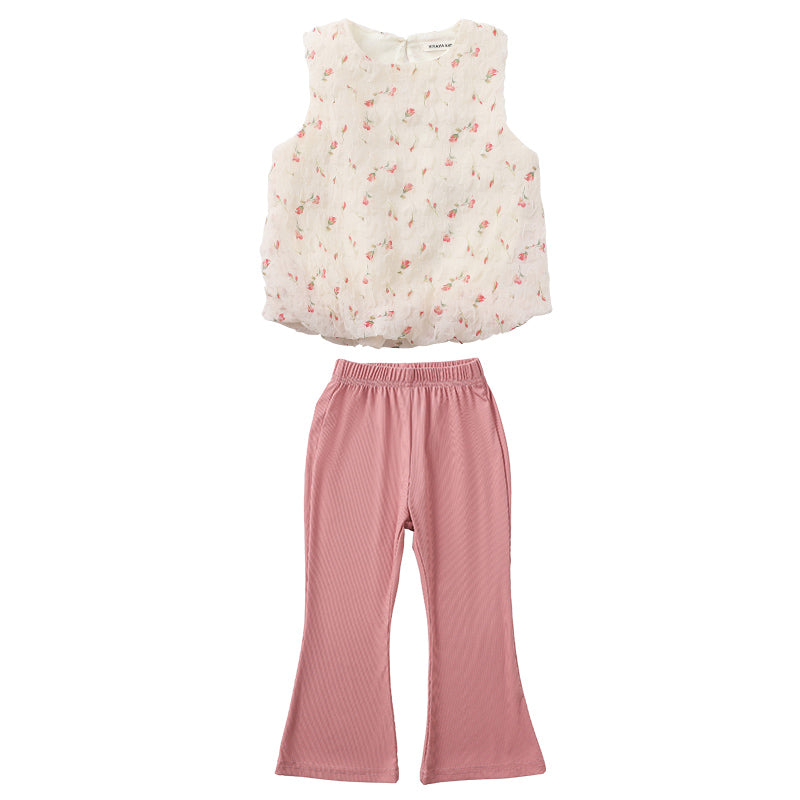 Girls Pink & White Printed Top with Palazzos