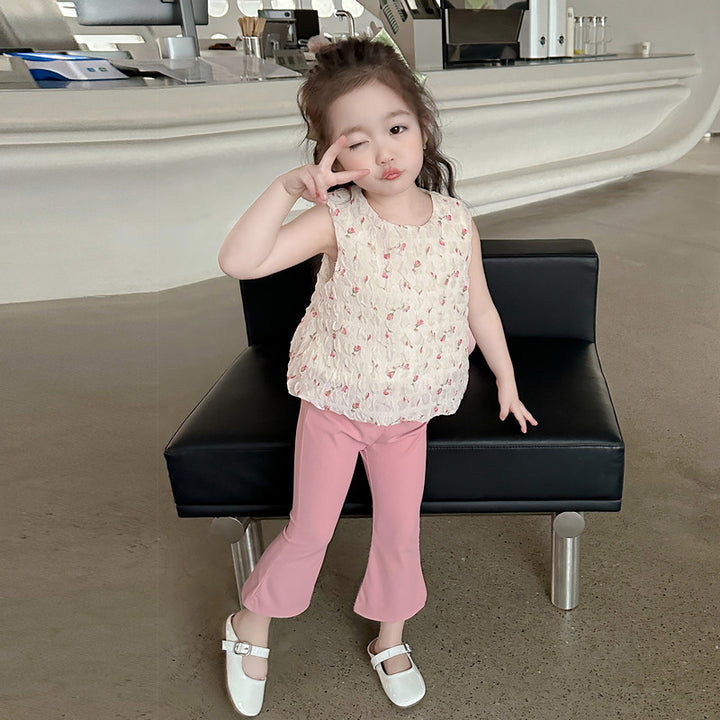 Girls Pink & White Printed Top with Palazzos