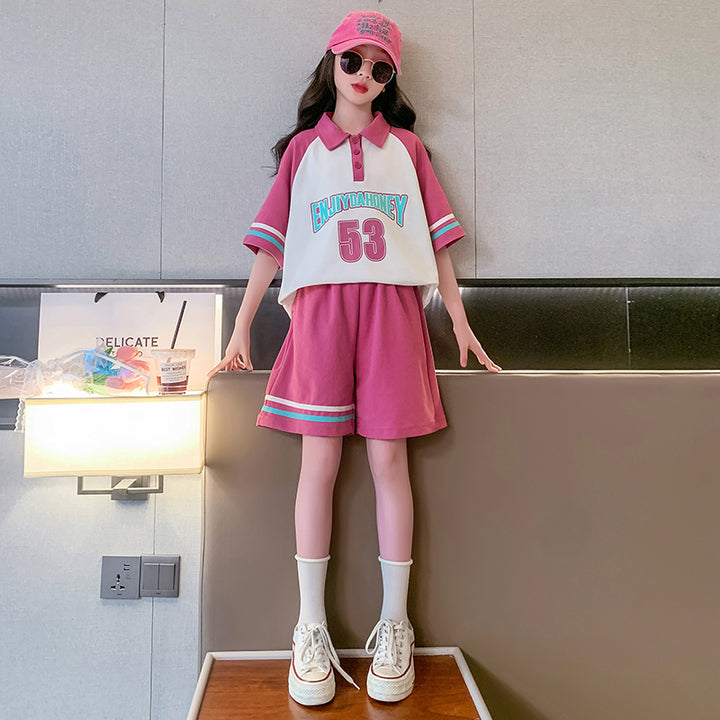 Girls Printed Polo Collar Pure Cotton T-shirt with Shorts