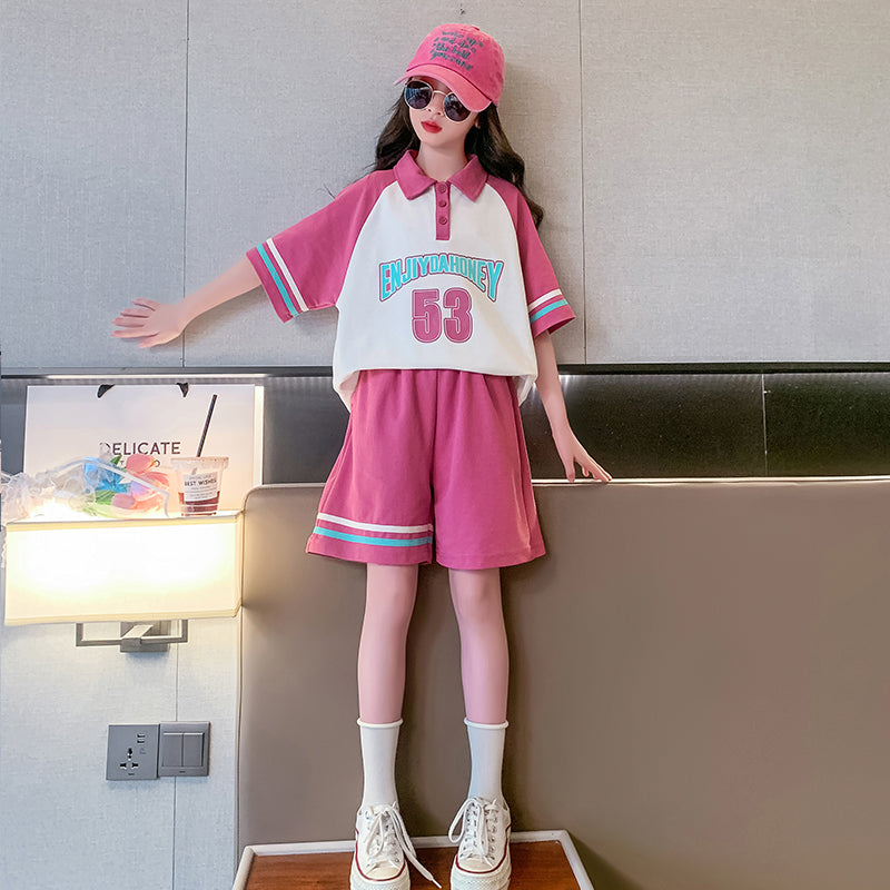 Girls Printed Polo Collar Pure Cotton T-shirt with Shorts