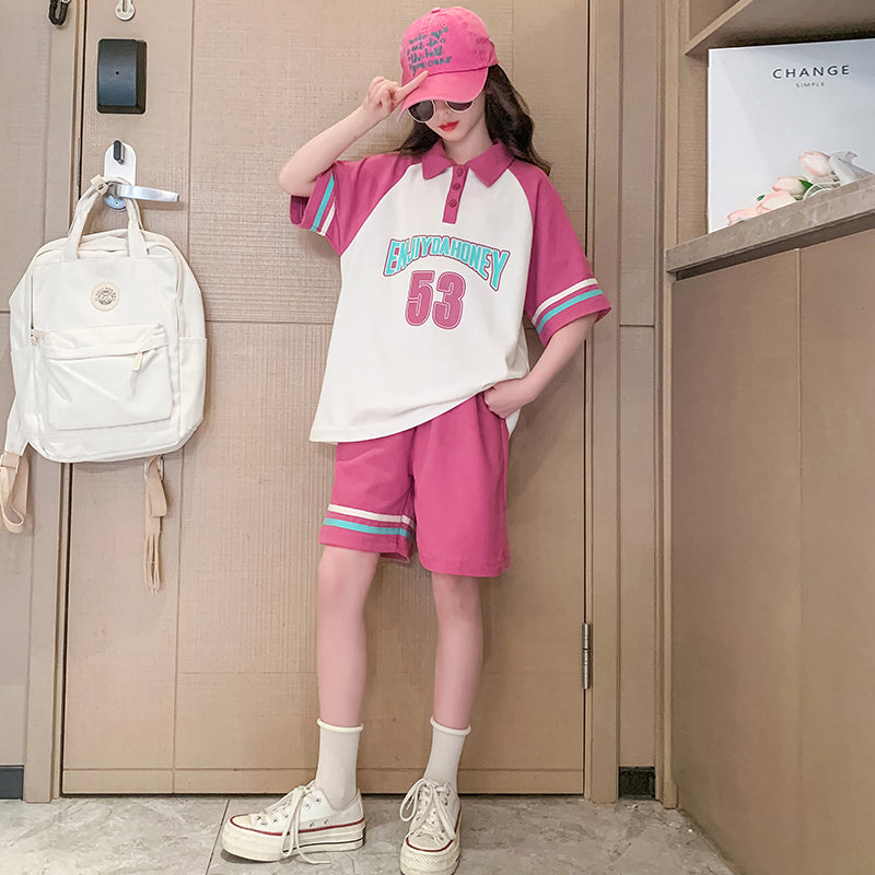 Girls Printed Polo Collar Pure Cotton T-shirt with Shorts