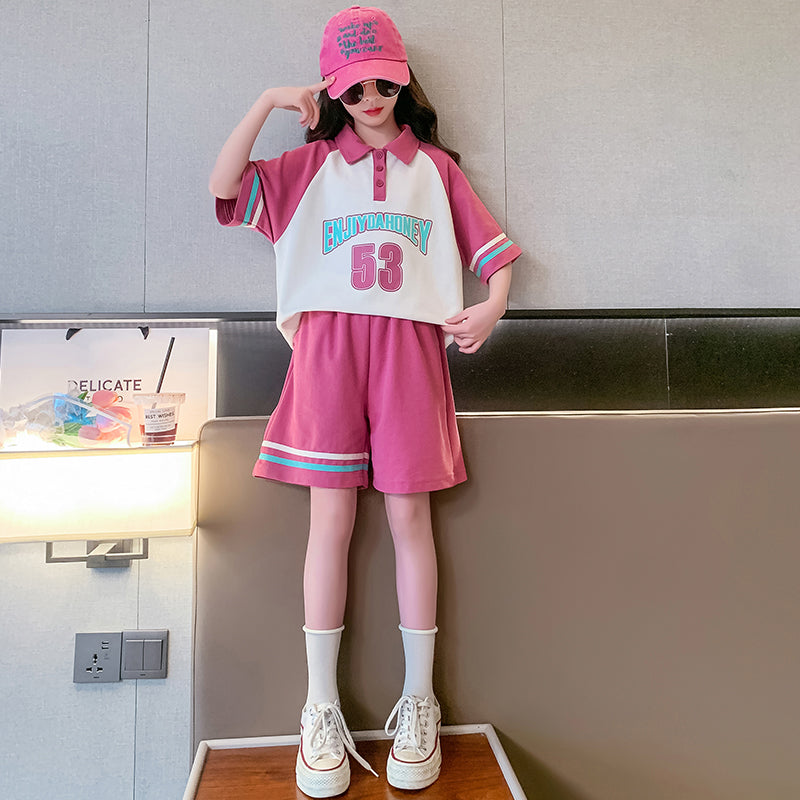 Girls Printed Polo Collar Pure Cotton T-shirt with Shorts