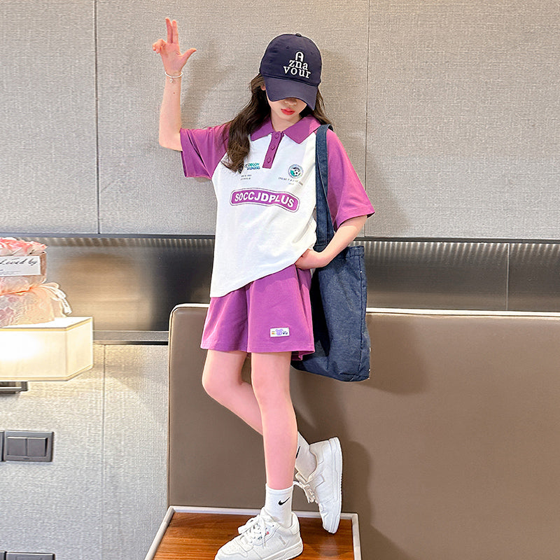 Girls Printed Polo Collar Pure Cotton T-shirt with Shorts