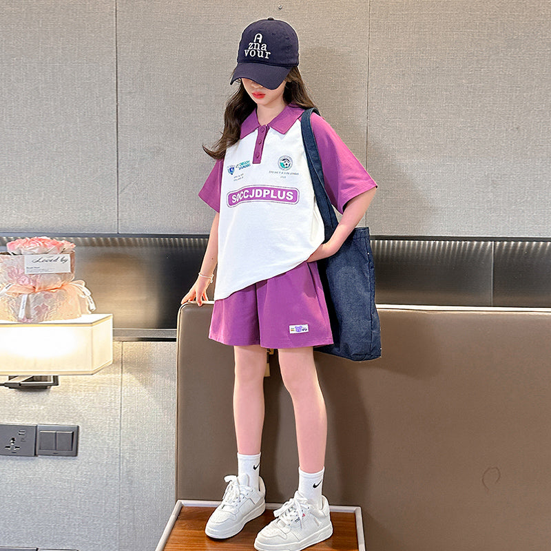 Girls Printed Polo Collar Pure Cotton T-shirt with Shorts