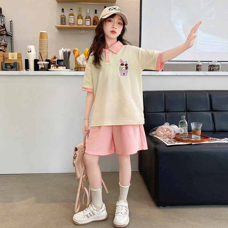 Girls Printed Shirt Collar Pure Cotton T-shirt With Shorts