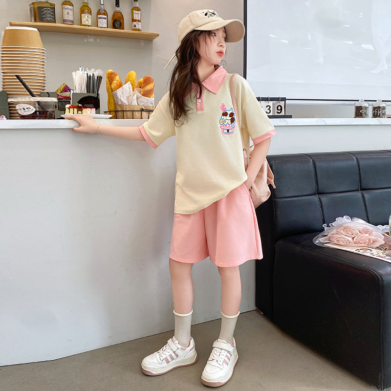 Girls Printed Shirt Collar Pure Cotton T-shirt With Shorts