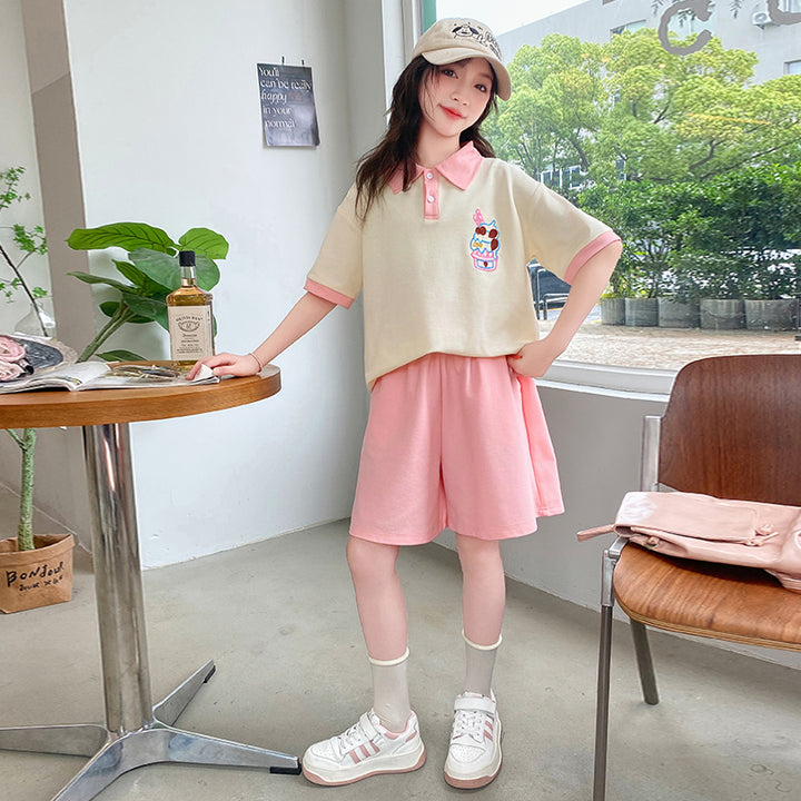 Girls Printed Shirt Collar Pure Cotton T-shirt With Shorts