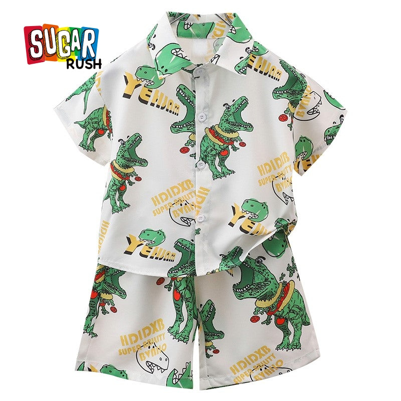 Boys Printed Short Sleeves Shirt Collar Shirt with Shorts