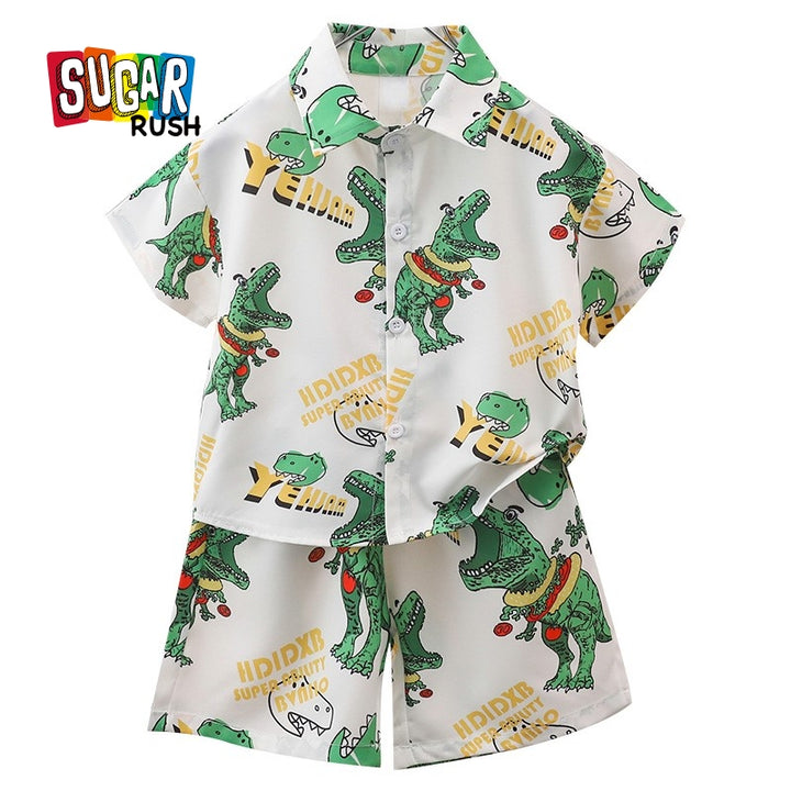 Boys Printed Short Sleeves Shirt Collar Shirt with Shorts