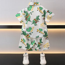 Boys Printed Short Sleeves Shirt Collar Shirt with Shorts