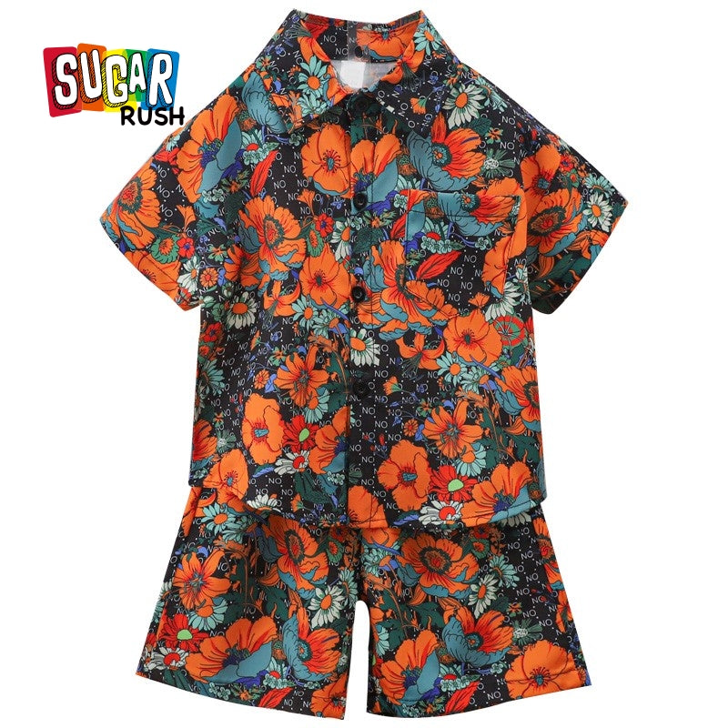 Boys Shirt Collar Short Sleeves Printed Shirt with Shorts