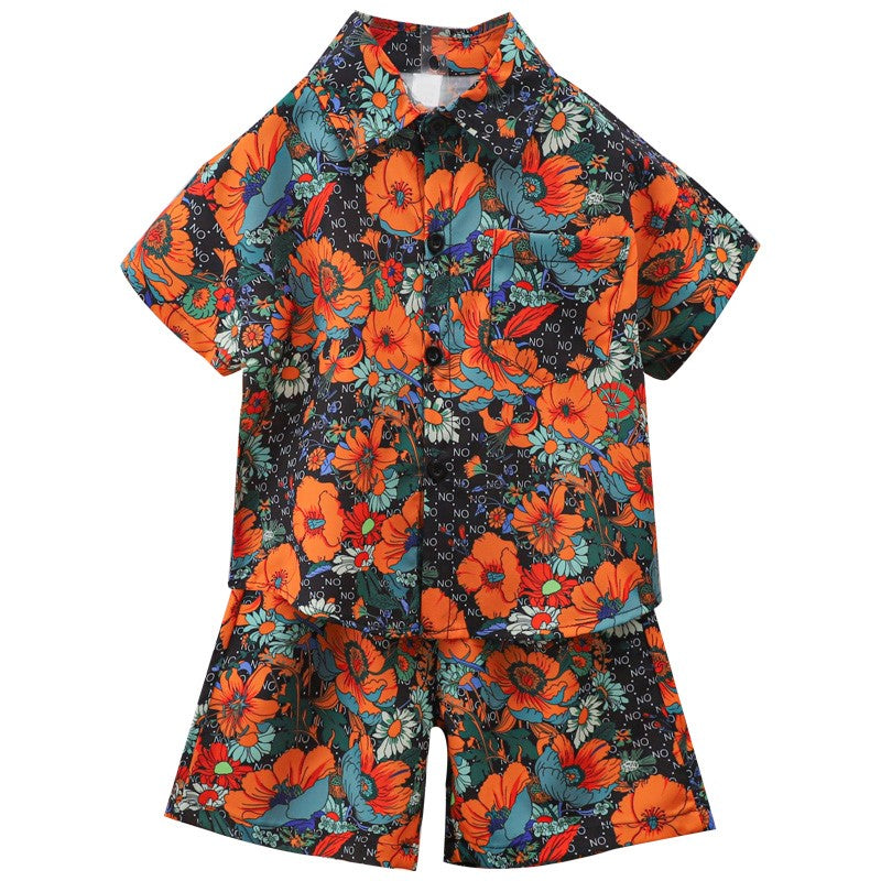 Boys Shirt Collar Short Sleeves Printed Shirt with Shorts
