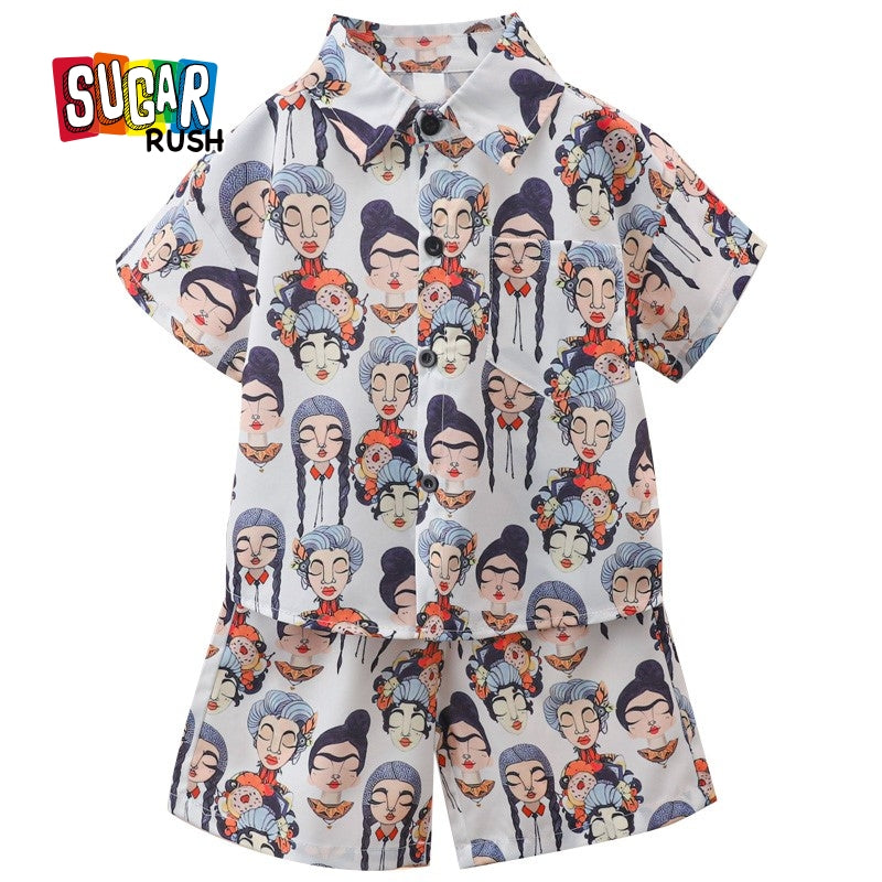 Boys White & Blue Printed Shirt with Shorts
