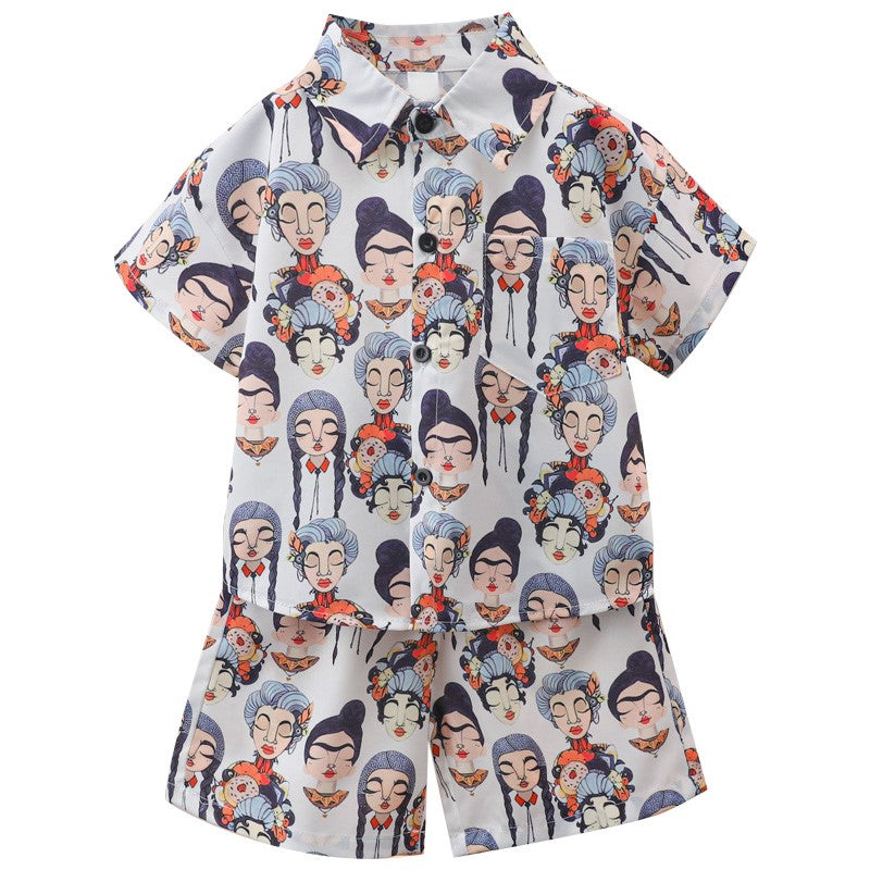 Boys White & Blue Printed Shirt with Shorts