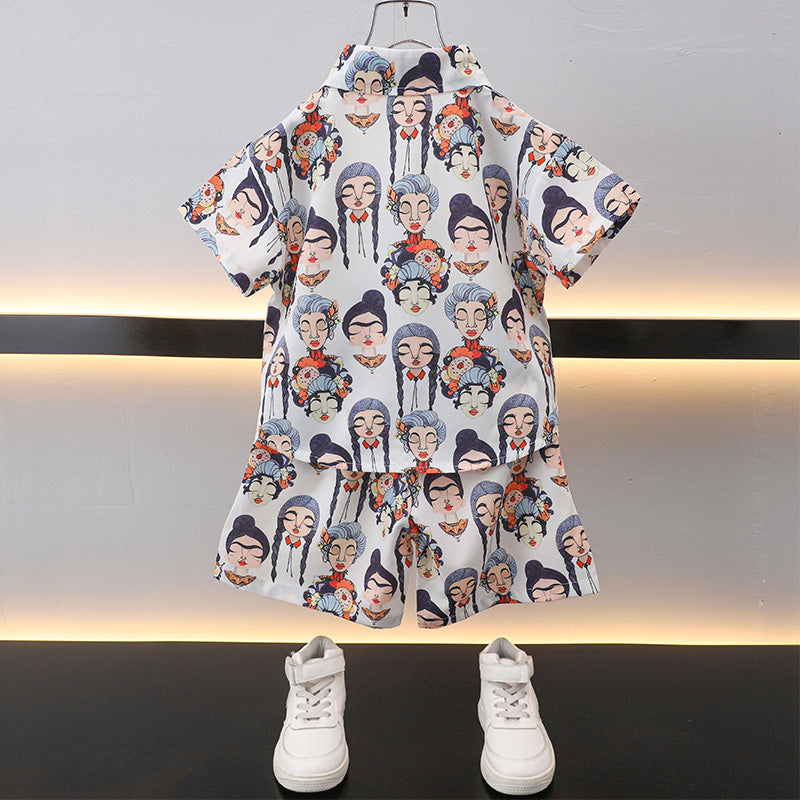 Boys White & Blue Printed Shirt with Shorts
