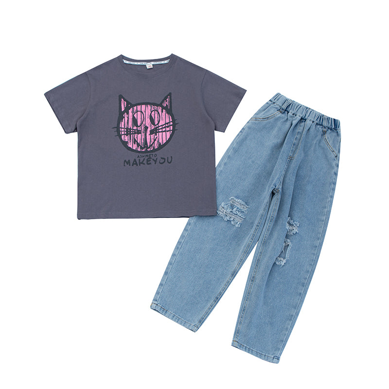 Girls Grey Printed Pure Cotton T-shirt With Jeans