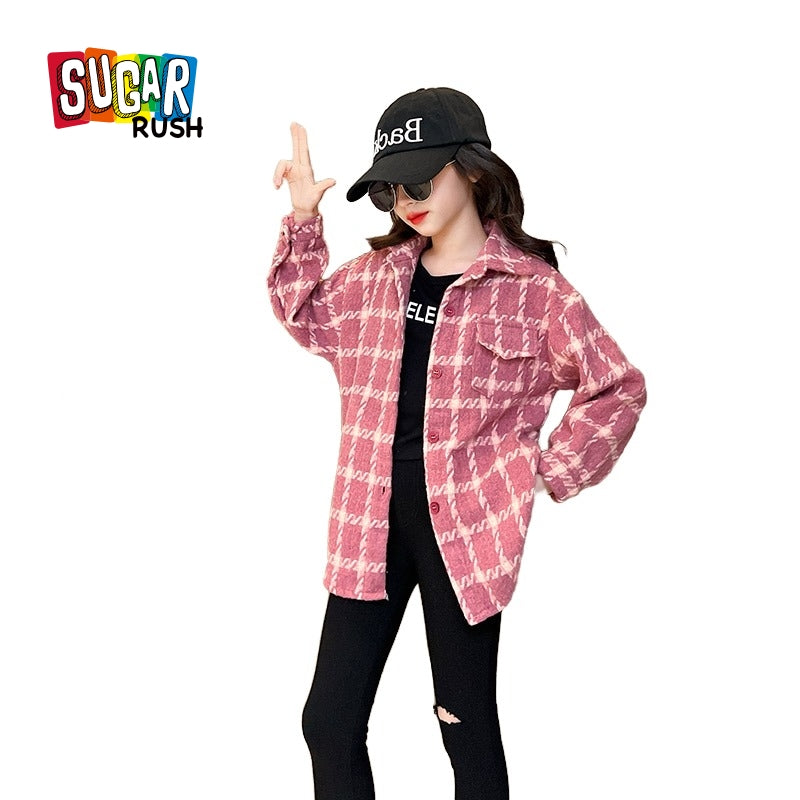 Girls Checked Spread Collar Curved Casual Shirt